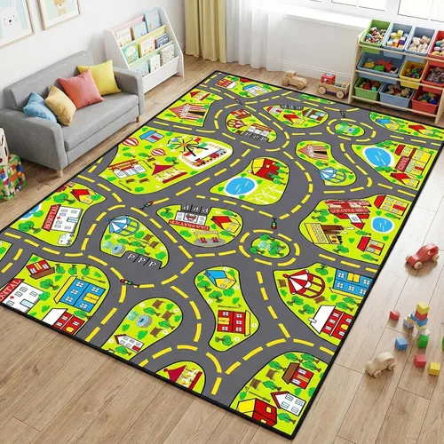 Miniatura 11 de Alfombra de juego para niños (2.6 x 5 pies), 2 unidades, alfombra de carretera para niños, alfombra de mapa de ruta de la ciudad, alfombra