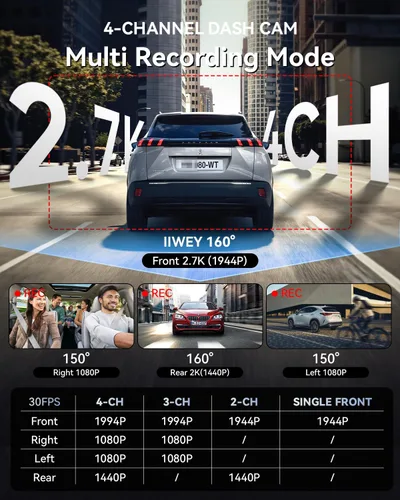 Miniatura 2 de IIWEY Cámara de tablero de 4 canales de visión de 360°, STARVIS 2 frontal 2.7K trasero 2K interior 1080P x2, 8IR LED visión nocturna 3.0, PlateTag