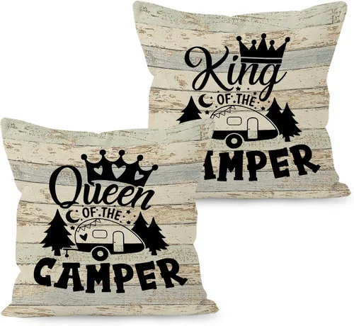 Juego de 2 fundas de almohada con diseño de King Queen of The Camper, divertidos regalos para parejas, parejas de campamento, 18 x 18 pulgadas,