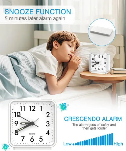 Miniatura 3 de AMIR Reloj Analógico Silencioso Sin Tic Tac Pequeño, Para Viajar con Función de Repetición y Luz, Sonidos de Tono Ascendente, Reloj de Alarma Fuerte