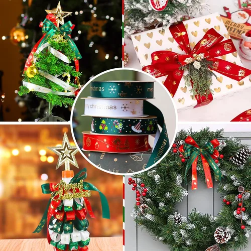 Miniatura 5 de 4 rollos de cinta de Navidad de 95 yardas, cintas de envoltura de regalos de Navidad de 3/4 pulgadas, envoltura de regalo de árbol de Navidad