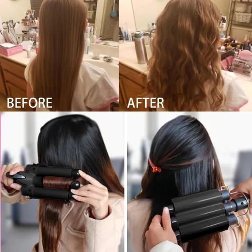 Miniatura 5 de Dopheuor - Plancha de pelo de 3 barriles jumbo de 1.25 pulgadas (32 mm), varita rizador de pelo con calentamiento instantáneo ajustable con 2 Negro