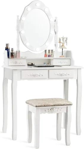 CHARMAID Tocador de maquillaje con 10 luces LED, 4 cajones, estante de almacenamiento, perilla en forma de rosa, tocador de maquillaje para