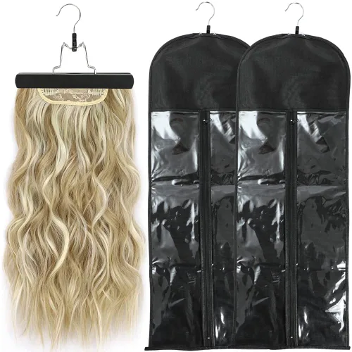 2 soportes para extensiones de cabello, bolsa de almacenamiento extra larga para peluca con colgador, almacenamiento de extensiones de cabello para