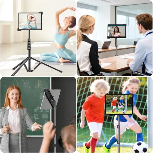Miniatura 9 de elitehood Trípode de aluminio resistente para tableta, soporte de trípode ajustable para iPad con inclinación giratoria de 360 grados, soporte