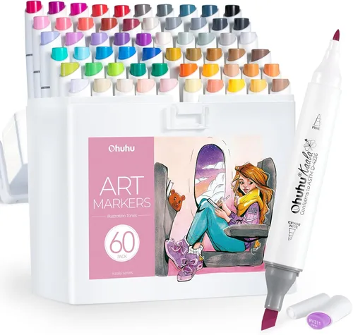 Ohuhu Marcadores de alcohol: juego de 60 colores de punta doble Kaala delgada, ancha y fina para artistas, colorear, dibujar, dibujos animados, 60