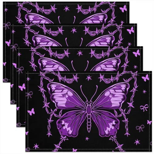 Miniatura 19 de Juego de 4 manteles individuales con diseño de mariposas y animales voladores de noche de ensueño de 12 x 18 pulgadas para mesa de cocina, tapetes