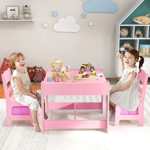Miniatura 9 de KOTEK Juego de mesa y 2 sillas de madera para niños con pizarra y cajones de almacenamiento, mesa de actividades múltiples para niños para aprender