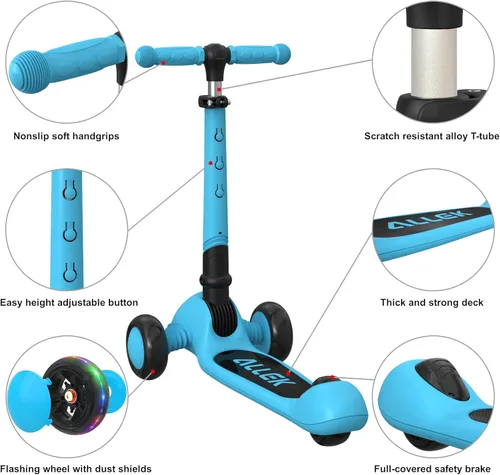 Miniatura 2 de Allek - Patinete plegable F02, patín de 3 ruedas con luces LED intermitentes y 4 alturas ajustables con cubierta antideslizante gruesa para niños