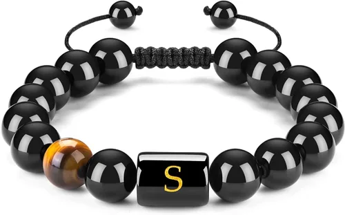 FRG - Brazalete hecho a mano con letra inicial del nombre, las cuentas son de ónix negro u ojo de tigre, la cuerda es trenzada, un brazalete lleno