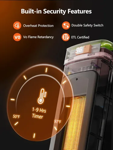 Miniatura 4 de Calentador de espacio de 21 pulgadas - 1500 W calentadores rápidos para uso en interiores - Calentador eléctrico oscilante de 70° con control remoto