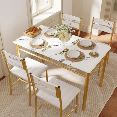 Miniatura 3 de Juego de mesa de comedor IRONCK para 4, mesa de cocina de madera con sillas tapizadas para cocina y comedor, juego de mesa compacto para espacios