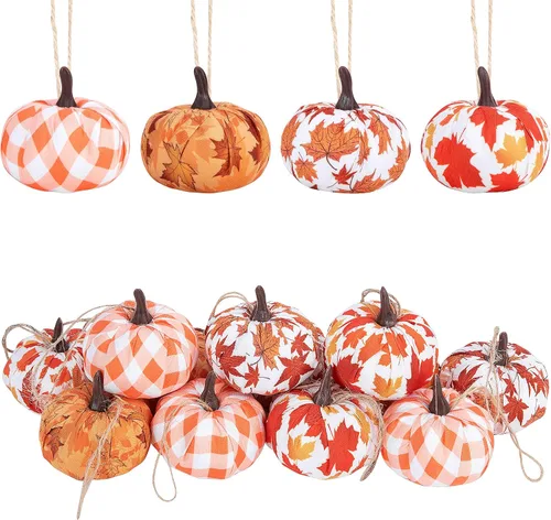 Wehhbtye 12 adornos colgantes de calabaza de Acción de Gracias, hoja de arce envuelta en tela de calabaza, bola de calabaza de búfalo naranja y