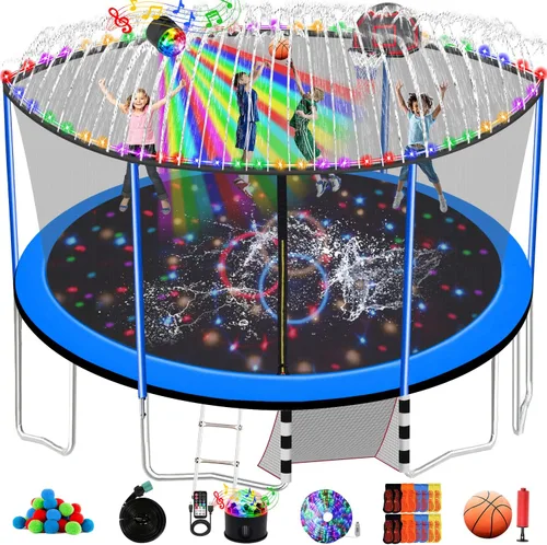 Miniatura 10 de 1500 libras 10 12 14 15 16 pies para adultos y niños con rociador, luces, aro de baloncesto, bolas de agua, 16 calcetines, trampolín recreativo