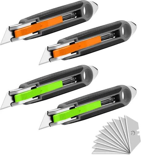XW Paquete de 4 cortadores de caja de seguridad autoretráctiles, cuchillo utilitario con cambio rápido de cuchilla, 10 cuchillas adicionales
