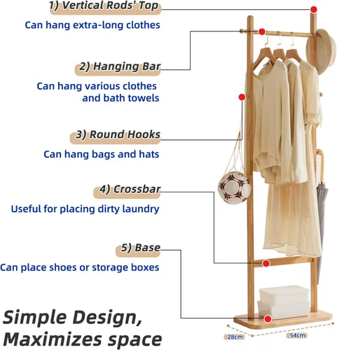 Miniatura 4 de Aibiju Perchero independiente, árbol de abrigo con 2 varillas principales y diseño estable, percheros para colgar abrigos, ropa, trajes, chaqueta