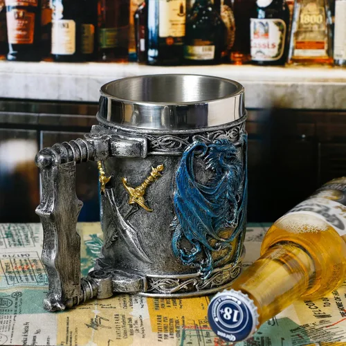 Miniatura 2 de Taza medieval de dragón azul D&D Game Mug of Throne Merchandise Beer Steins Viking Tankard Taza de café de acero inoxidable Tazas de regalo