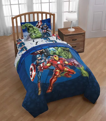 Miniatura 7 de Marvel Avengers Blue Circle - Juego de ropa de cama individual de 4 piezas, incluye edredón reversible y juego de sábanas, poliéster súper suave