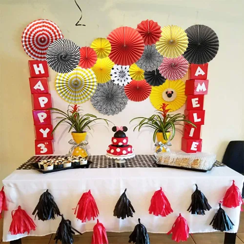 Miniatura 4 de Juego de 6 abanicos de papel para colgar en fiestas, guirnaldas de papel con patrón redondo negro para decoración de cumpleaños, bodas, eventos