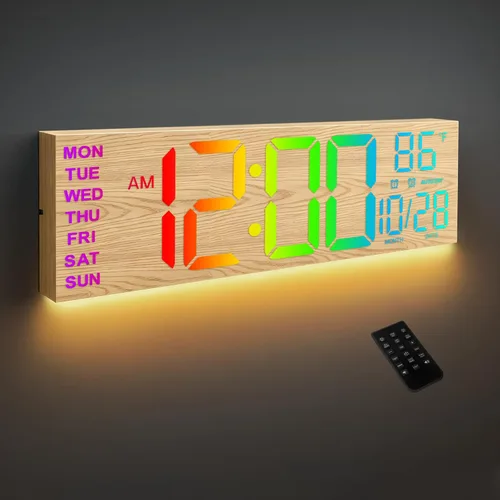 Miniatura 9 de HAITANG Reloj de pared digital de 8 colores, reloj digital grande de 16.2 pulgadas con temperatura, fecha, DST automático, luz nocturna, atenuador