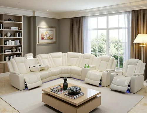 Miniatura 22 de Juegos de Muebles para Sala de Estar, Juego de Sofá Reclinable Eléctrico, Cuero Blanco Vainilla, Seccional de 2 Reclinables con Luz LED