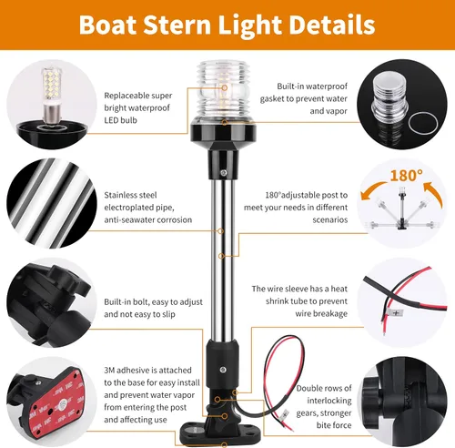 Miniatura 5 de RVZONE Luces de popa para barcos, 12 pulgadas 180° plegable luz de anclaje IP67 luces de navegación 360° luces LED blancas para barco para pontón