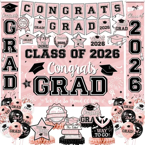 Miniatura 12 de Decoraciones de graduación 2026, juego de decoraciones de graduación rojo y negro con pancarta y telón de fondo de felicitaciones, letrero