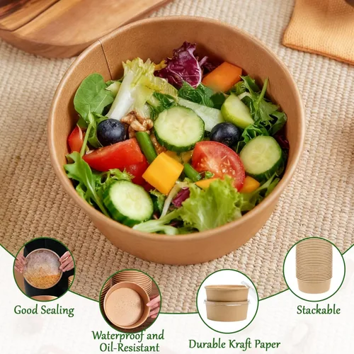 Miniatura 4 de Retainbre Paquete de 50 unidades 25 oz Cuencos de papel desechables con tapas y tenedores para ensaladas para llevar, recipientes para comida fría
