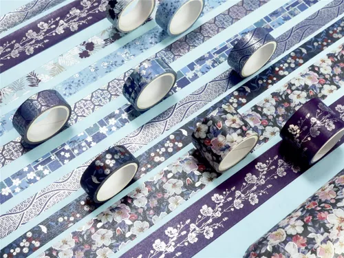 Miniatura 9 de Juego de 8 rollos de cinta adhesiva azul elegante Washi con adornos plateados anchos, cinta decorativa para manualidades, bricolaje, diarios