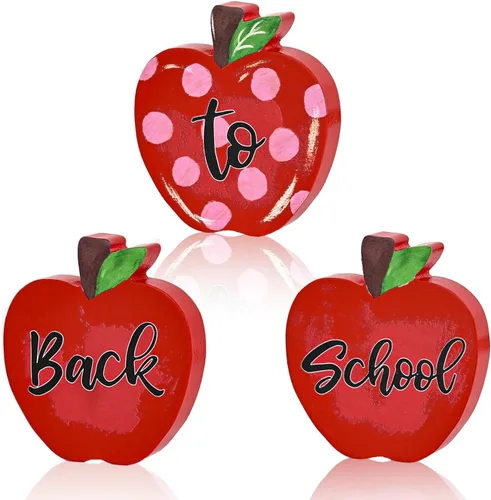 Smile Back to School Wooden Tabletop Decor - Red Apple "Back to School" Desktop Signs - Classroom & Home Office Decorations Gift