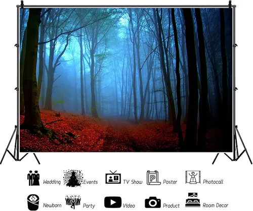 Miniatura 6 de Misty Forest Backdrop Halloween Eve Dark Blue Fog Fall Autumn Maple Leaves Woods Background for Thanksgiving Party Photography Studio Photo Booth