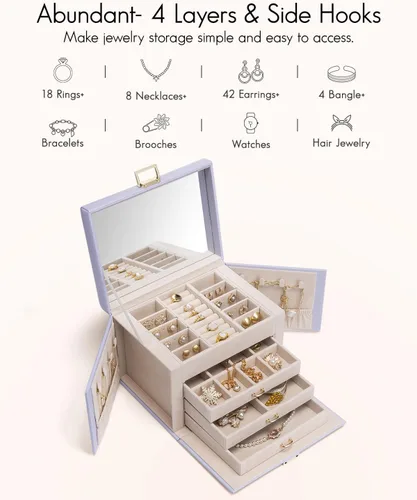 Miniatura 3 de Vlando Joyero de 4 niveles, cajas de joyería y organizadores con asa, 3 cajones de viaje con espejo, almacenamiento de joyas, aretes, collares
