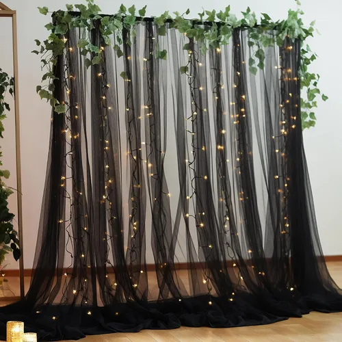 Miniatura 7 de Cortina de telón de fondo de tul negro de 10 x 10 pies con cadena de luces para fiestas, cortinas de fondo de fotos transparentes para bodas
