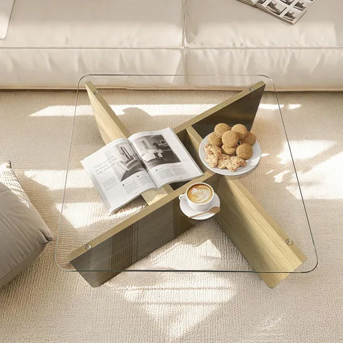 Miniatura 3 de LKTART Mesa de café de vidrio de 31.5", mesa de café cuadrada de MDF estilo Mid-Century Modern con tapa de vidrio templado, mesas centrales