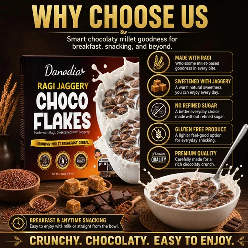 Miniatura 7 de Danodia Foods Ragi Jaggery Choco Flakes 250g/8.8 oz, Cereal de desayuno de mijo dedo con sabor a chocolate Jaggery inspirado en la India, cereal