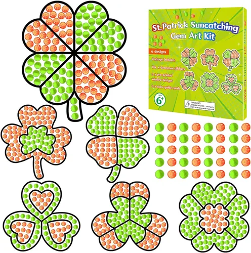 Miniatura 12 de Qyeahkj 6 piezas de manualidades del día de San Patricio, sombrero de trébol, gema de diamante, atrapasoles para niños, pintura de diamantes de San