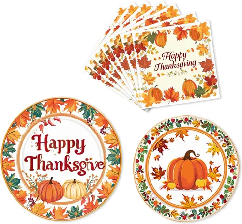 Miniatura 7 de Juego de platos y servilletas de Acción de Gracias, suministros de calabaza de hoja de arce para fiesta de otoño, decoraciones de Acción de Gracias