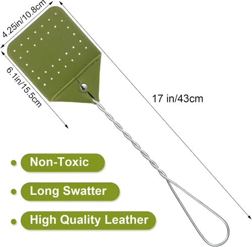 Miniatura 2 de Zopeal 4 matamoscas de cuero resistente de 17 pulgadas de largo con mango de metal resistente, matamoscas rústico para interiores y exteriores