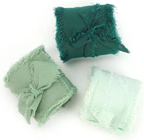 Miniatura 8 de MEEDEE Cinta de gasa hecha a mano con flecos, cinta de seda de gasa de 1.5 pulgadas x 6 yardas, juego de cintas de gasa verde oscuro y menta, Verde