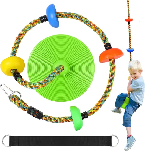 Miniatura 10 de Columpio de árbol para niños, juego de cuerda de escalada de asiento de un solo disco resistente con correa para colgar y mosquetones de plataforma