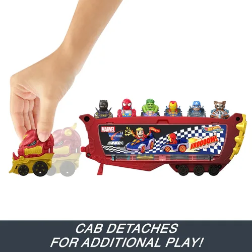 Miniatura 3 de Hot Wheels RacerVerse Marvel Hulkbuster Hauler, transporta y almacena hasta 10 vehículos de juguete, cabina desmontable con casco abatible y figura