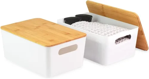 Isaac Jacobs Juego de 2 contenedores de almacenamiento medianos de color blanco con asas recortadas y tapa de bambú, organizadores de plástico para