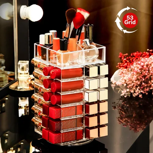 Miniatura 4 de soporte para pintalabios acrílico, organizador de cosméticos de 360 grados con 53 ranuras, soporte de exhibición de almacenamiento de brillo labial