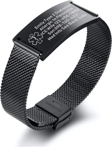 VNOX Medical Alert Bracelets for Men & Women Kids with Free Engraving Adjustable Stainless Steel Mesh Emergency Medical ID Bracelets Wristband