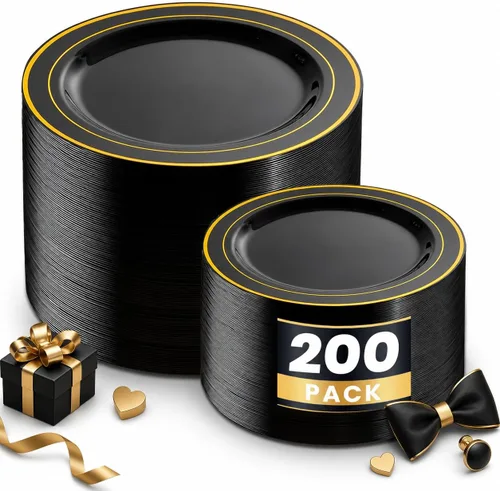 WDF - 200 unidades de platos de plástico negro y dorado - Platos negros desechables para fiesta - Platos de plástico resistentes para Año Nuevo