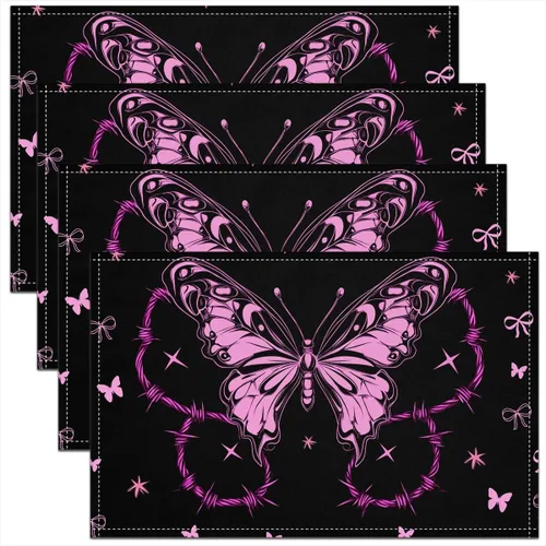 Miniatura 12 de Juego de 4 manteles individuales con diseño de mariposas y animales voladores de noche de ensueño de 12 x 18 pulgadas para mesa de cocina, tapetes