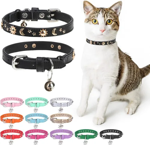 Miniatura 24 de Collares de cuero DILLYBUD para gatos macho y hembra con campana y cinturón elástico de seguridad, collar ajustable con hebilla de seguridad