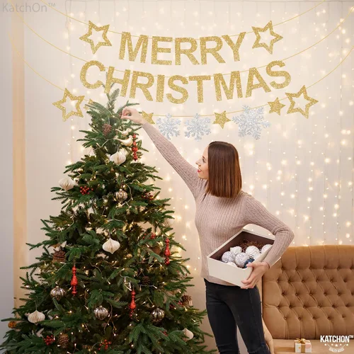 Miniatura 7 de KatchOn, Pancarta de Feliz Navidad con Purpurina para Interiores - Grande de 10 Pies, 3 Cuerdas Guirnalda de Copos de Nieve Decoraciones