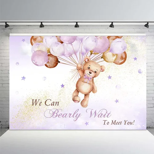 Miniatura 11 de MEHOFOND Telón de fondo de baby shower con texto en inglés "We Can Bearly Wait to Meet You" de 10 x 7 pies, globos azules y marrones, purpurina