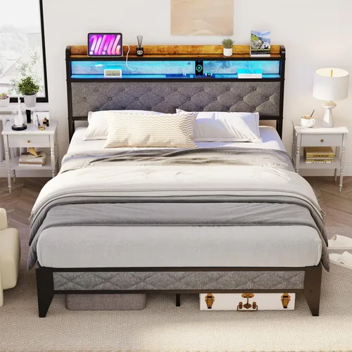 Miniatura 10 de Winkalon Base de cama LED individual con cabecero, base de cama con estación de carga, marco de cama de plataforma de metal, tamaño individual,